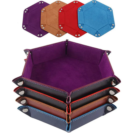 Hexagonal leather dice tray in various colors with a white background