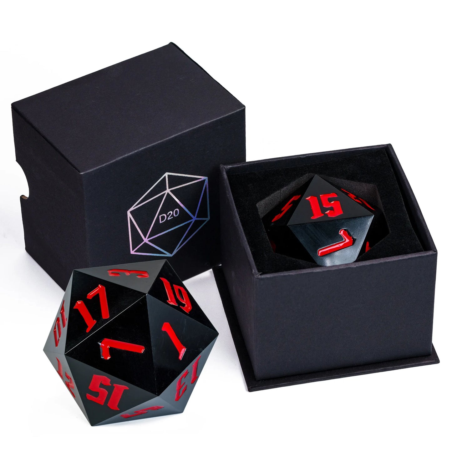 Black d20 polyhedral dice with red numbering, shown with one open black presentation box, one closed box featuring a D20 graphic, and one loose die on a white background.